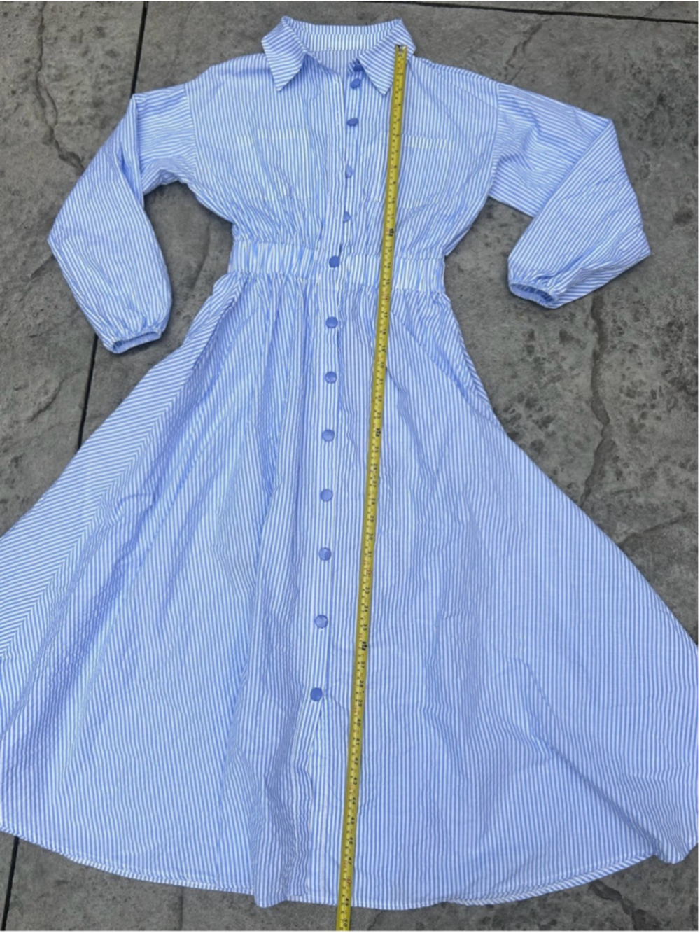 Blue White Striped Button Front Maxi Shirt Dress Elastic Waist - Picture 5 of 9